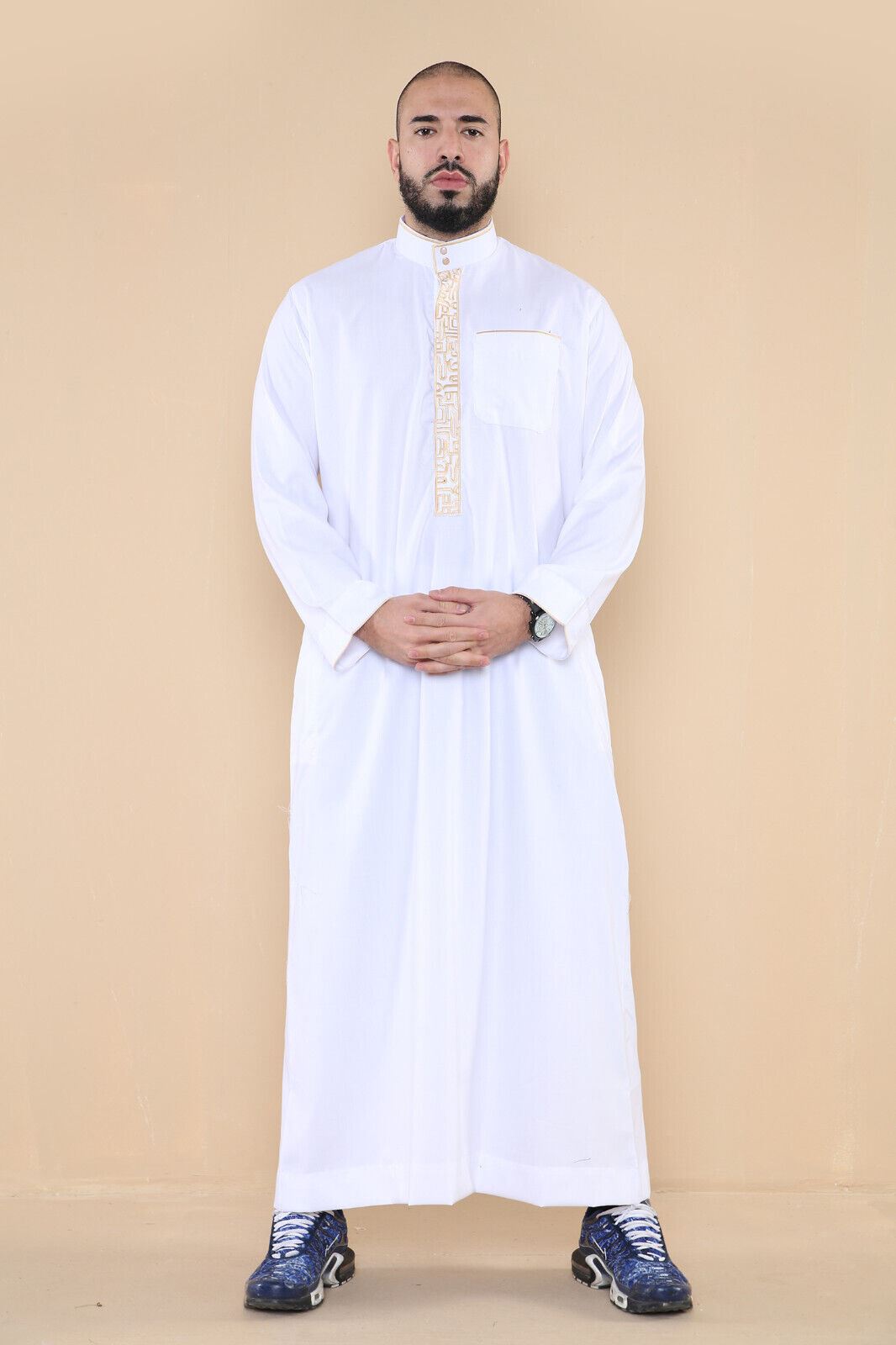 Mens Thobe Jubba Emirati Islamic Arabic Eid Embroidery Kaftan Jubbah Robe