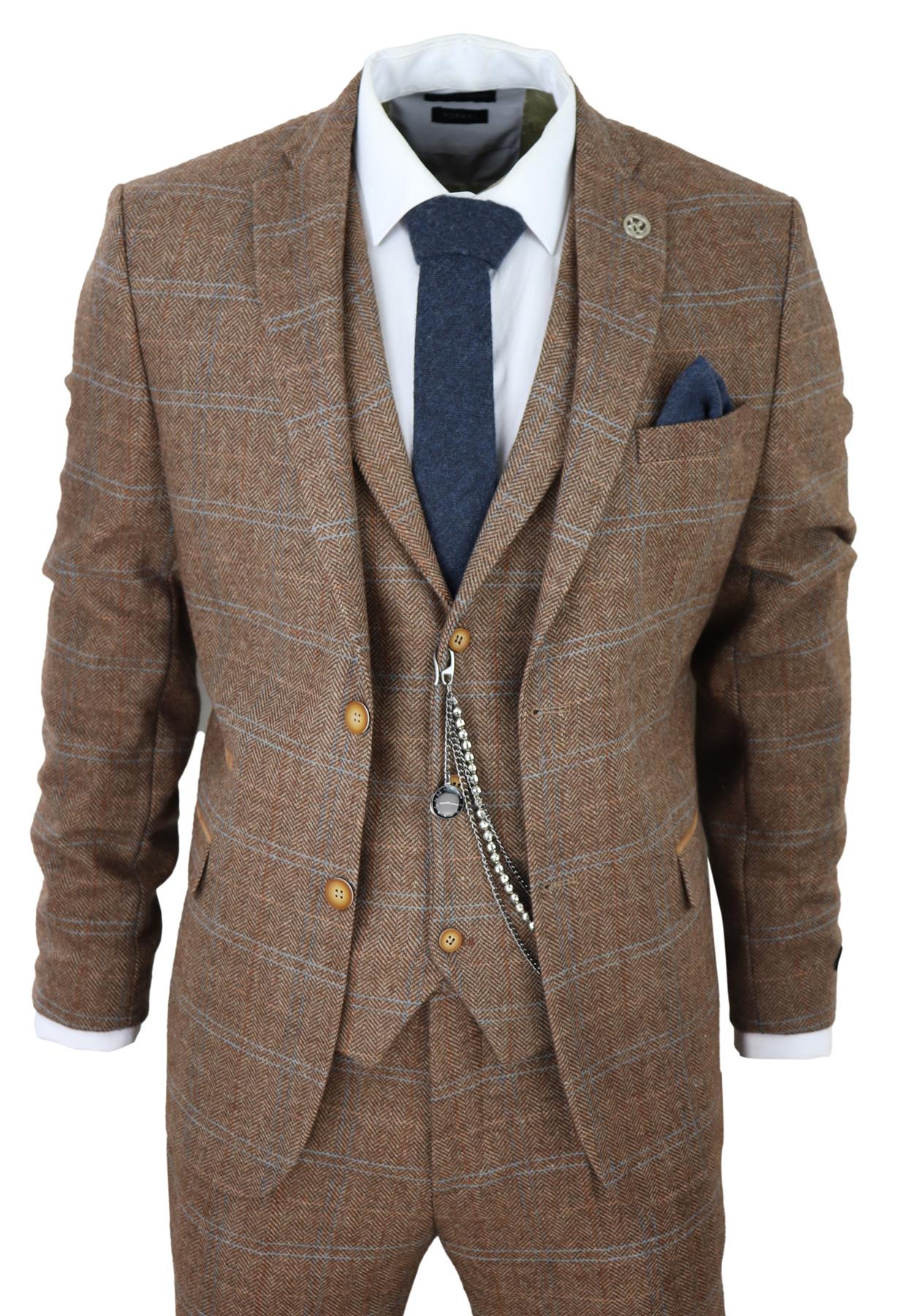 Mens 3 Piece Wool Suit Oak Brown Tweed Herringbone Check Peaky Blinder ...