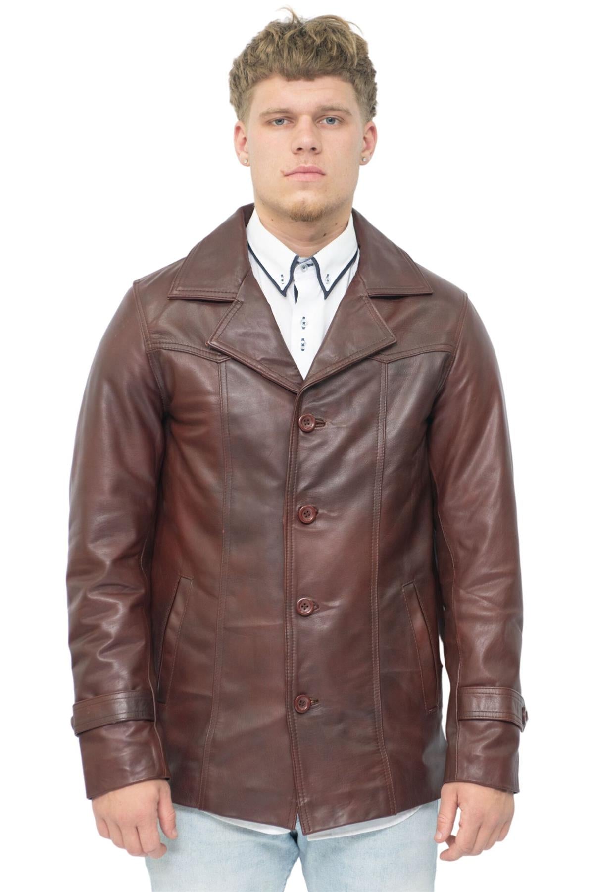Men’s Brown Vintage Trench Style Crombie Leather Coat-Macau