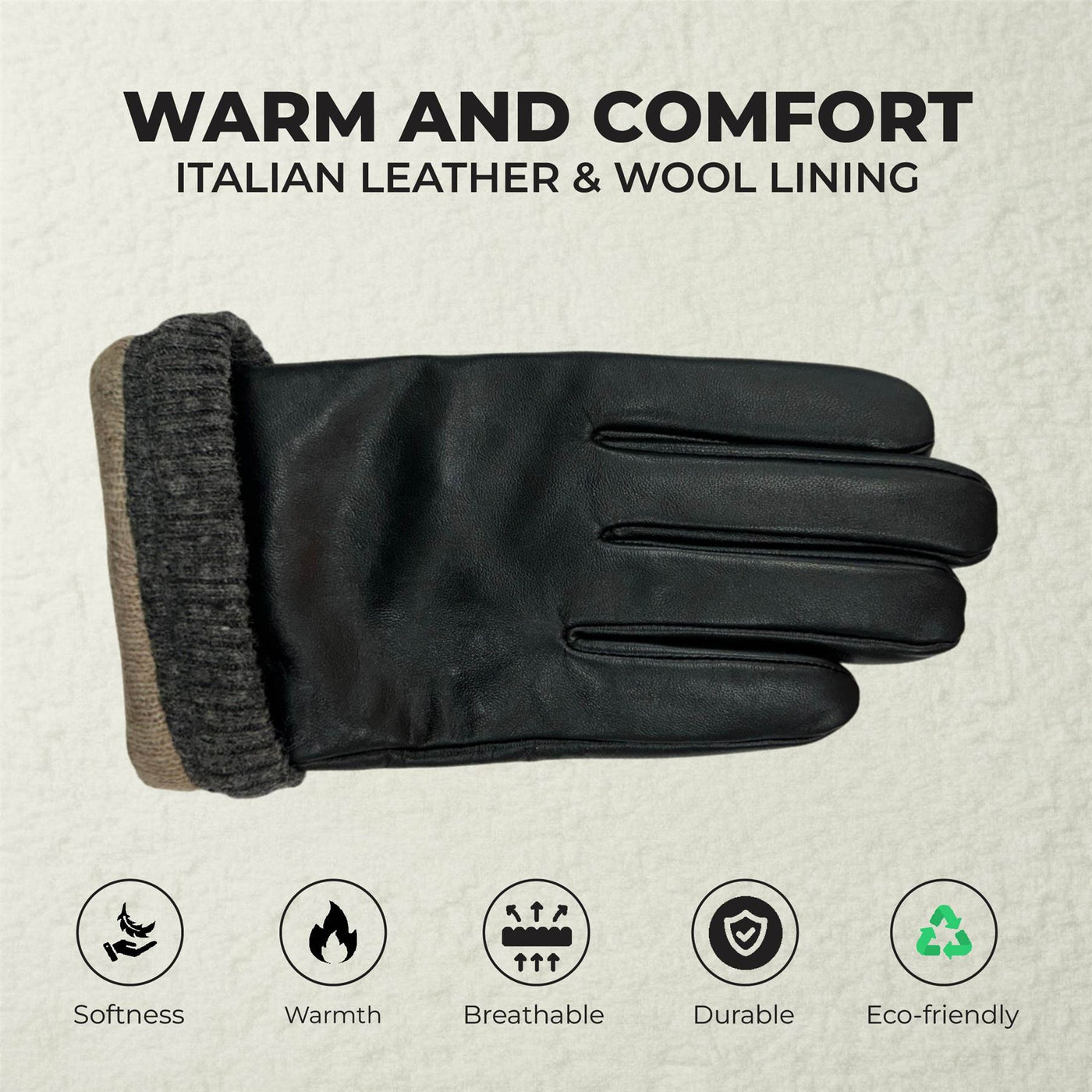 Men’s Italian Leather Warm Wool Lining Winter Knit Rib Gloves - M-LGV-105