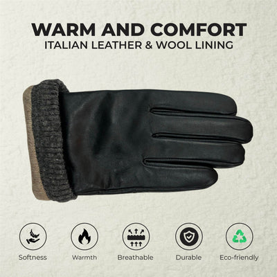 Men’s Italian Leather Warm Wool Lining Winter Knit Rib Gloves - M-LGV-105