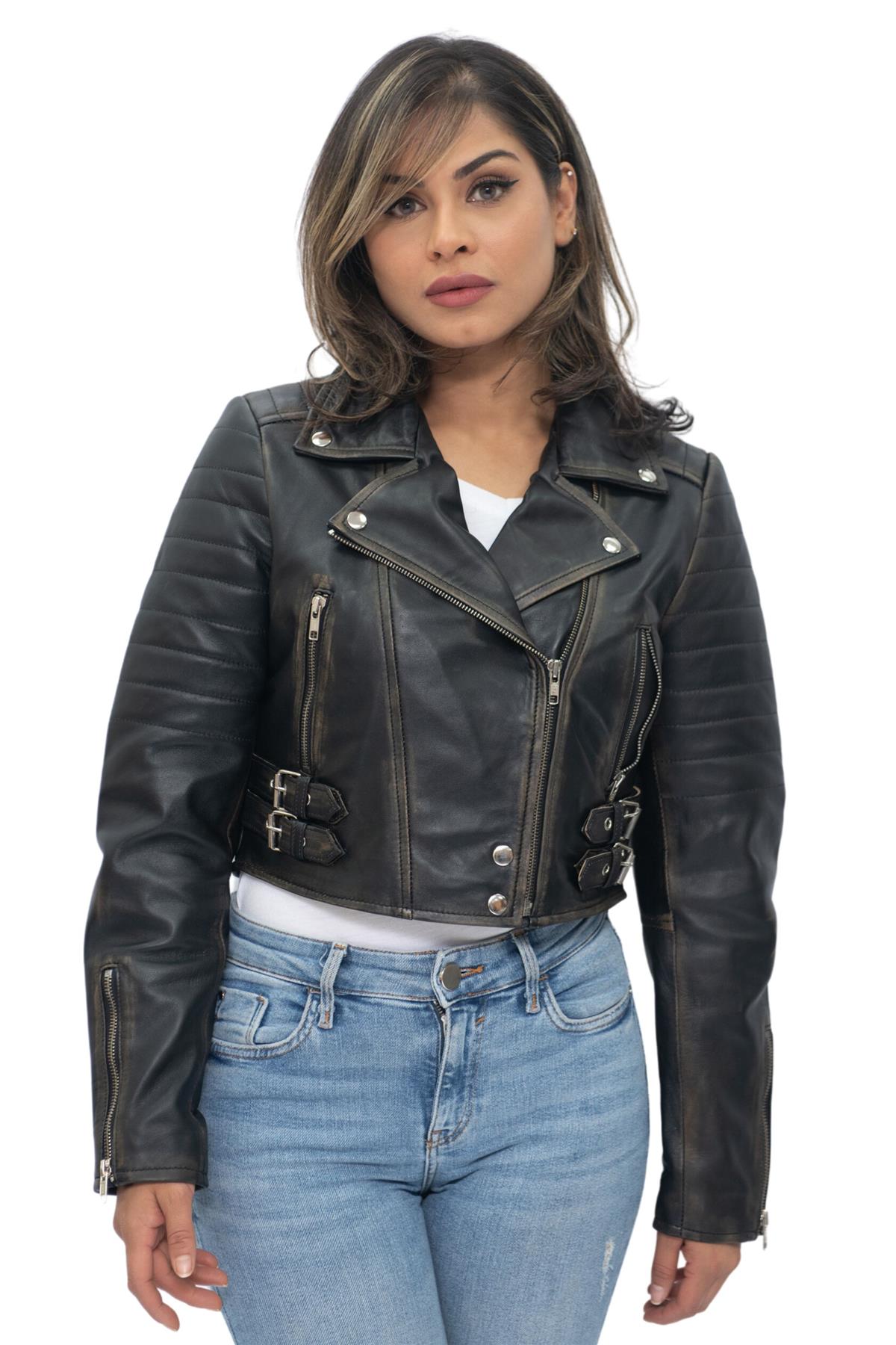 Womens Cropped Brando Leather Biker Jacket-Damascus
