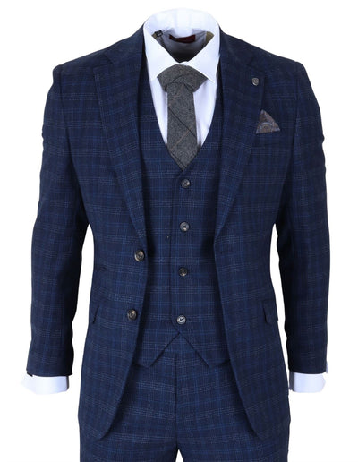 Men's Navy Blue Plaid Check 3 Piece Suit Slim Fit Formal Suit