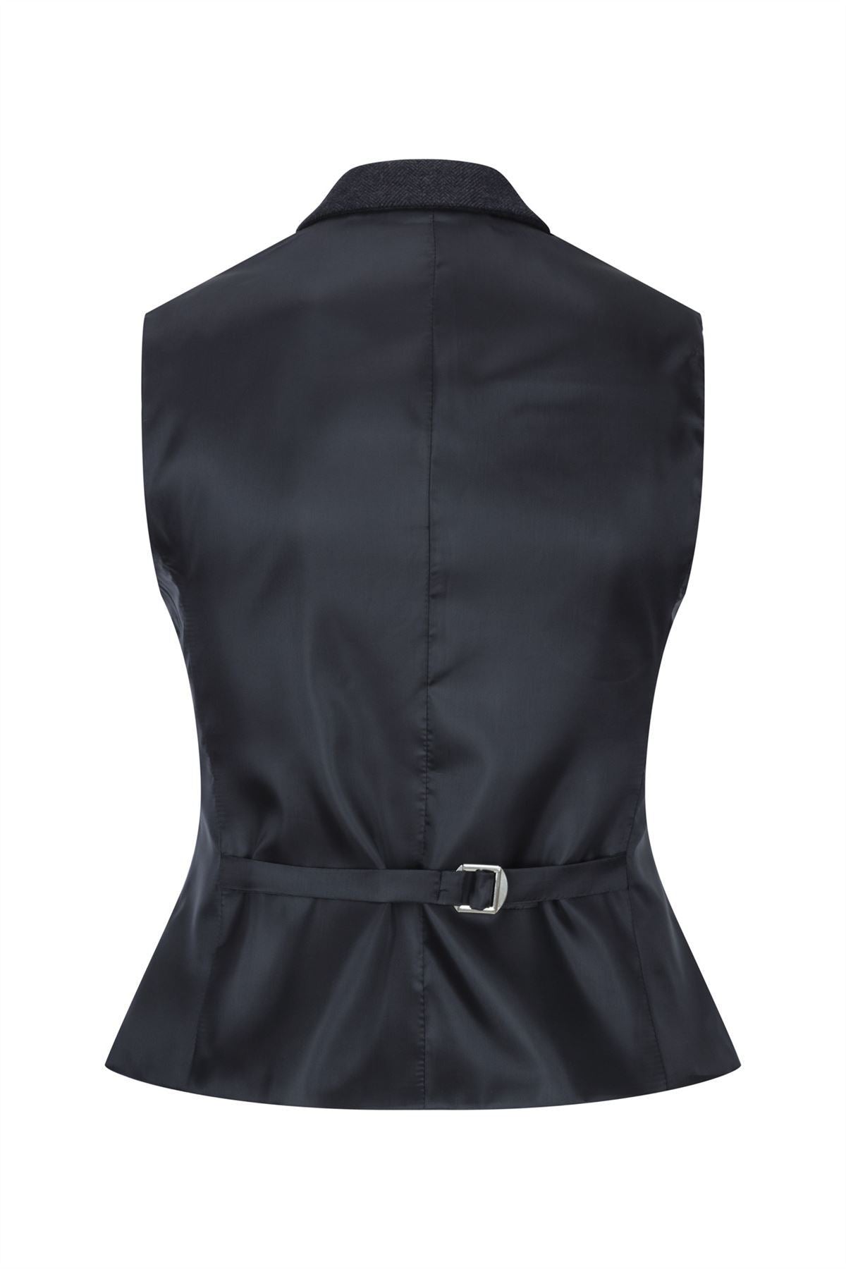 Womens Black Herringbone Check Tweed Waistcoat Wool Blend Vest