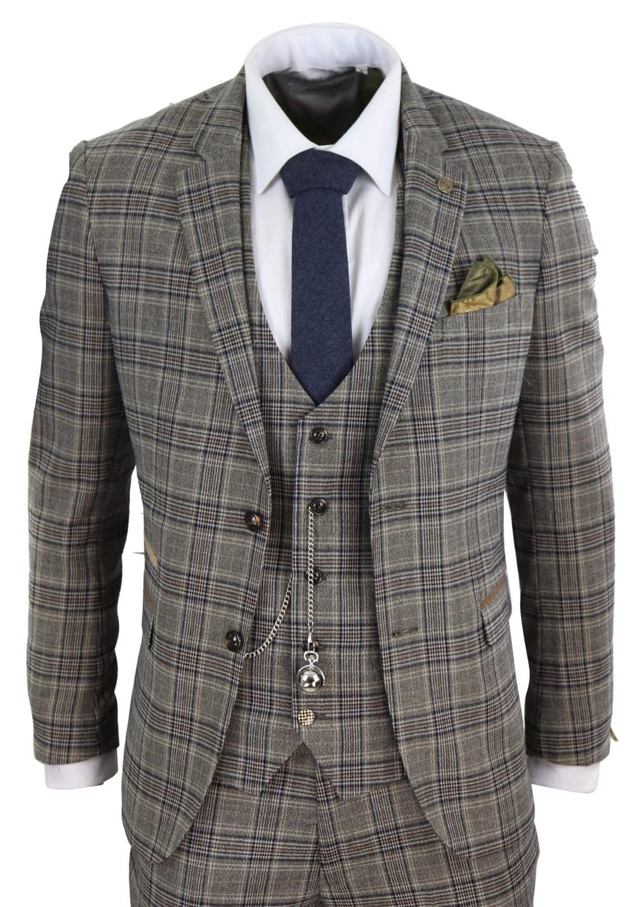 Mens 3 Piece Tan Brown Herringbone Check Suit