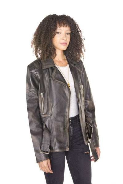 Womens Long Leather Biker Jacket-Quito