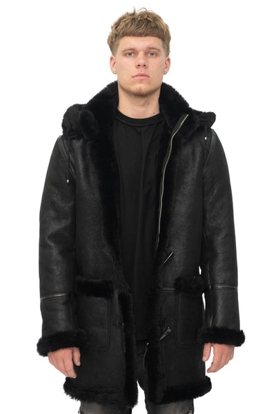 Mens Winter Sheepskin Hooded Duffle Coat-Isleworth