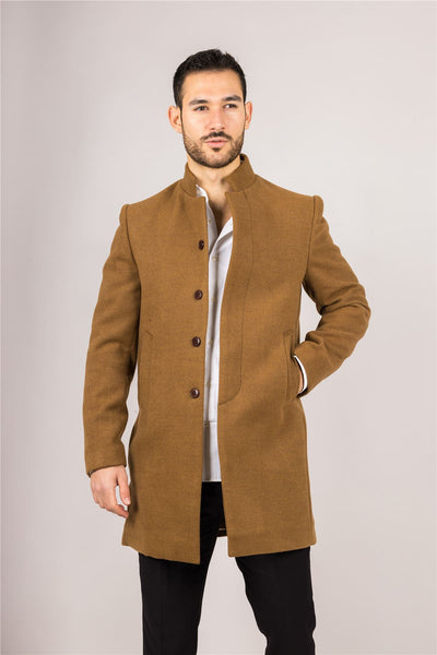 Men's Tan Stand Collar Wool Blend Overcoat