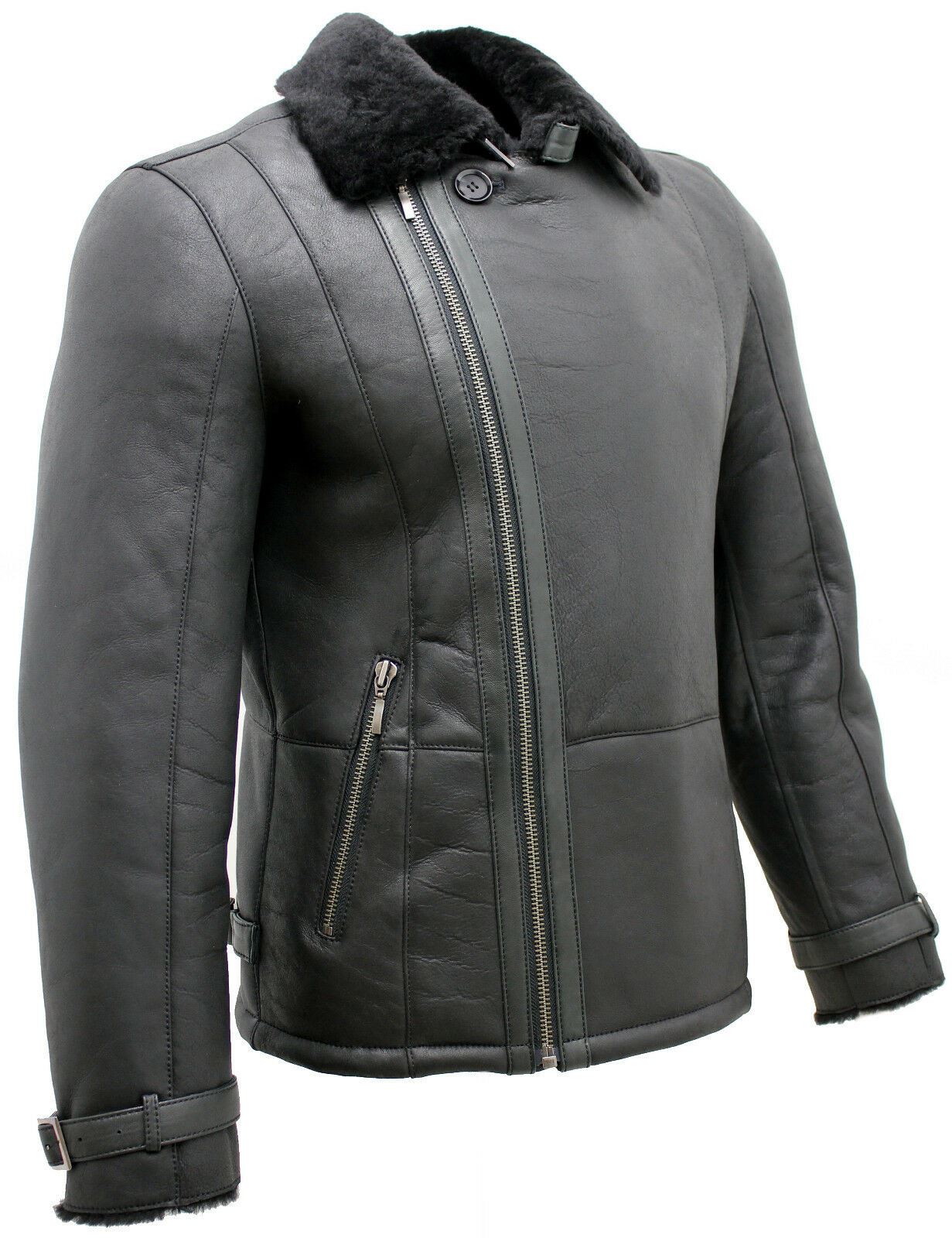 Mens Double Breasted Sheepskin Leather Biker Jacket-Manila