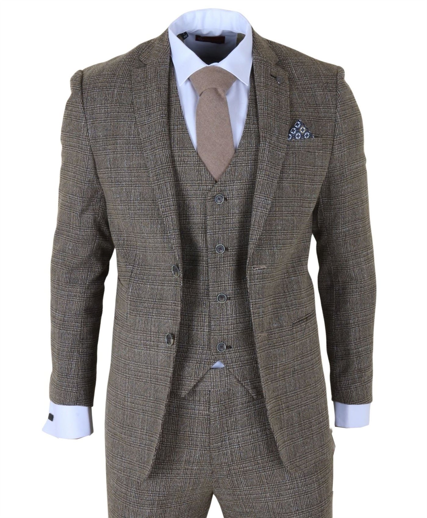 Men's 3-Piece Brown Classic Check Suit Slim Fit Plaid Formal Party Suit