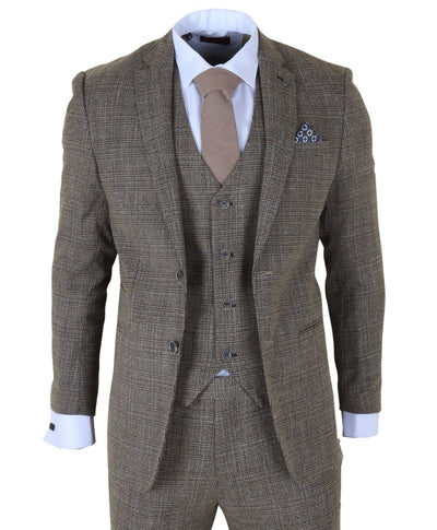 Men's 3-Piece Brown Classic Check Suit Slim Fit Plaid Formal Party Suit