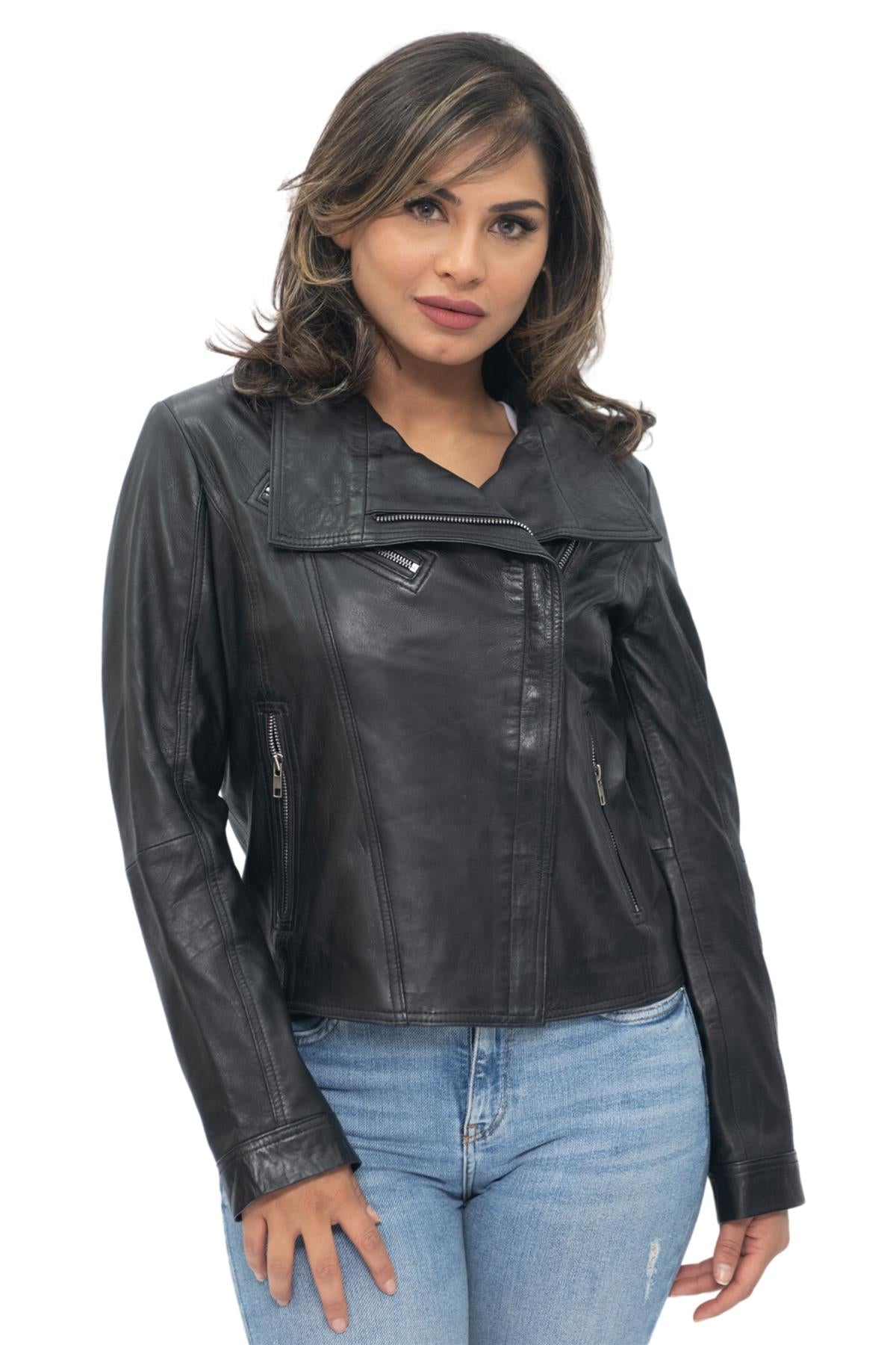 Womens Leather Shawl Wrap Biker Jacket - Riga