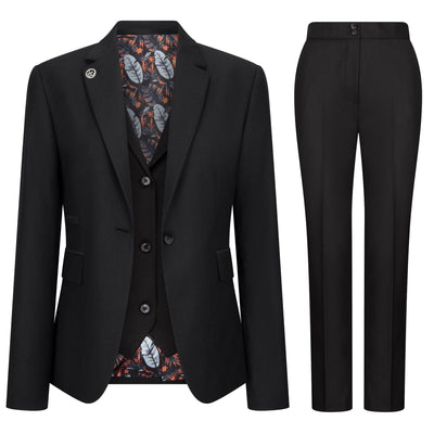 Women's 3 Piece Tailored Fit Plain Black Formal Office Suit