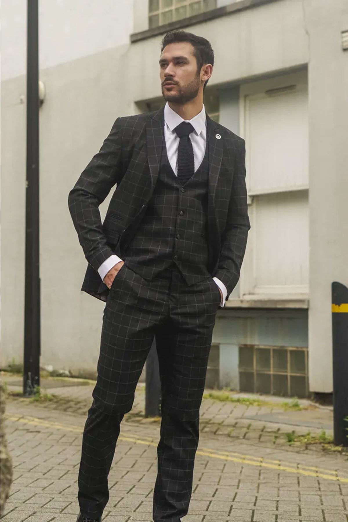 Men's Black Checked 3 Piece Suit Tailored Fit