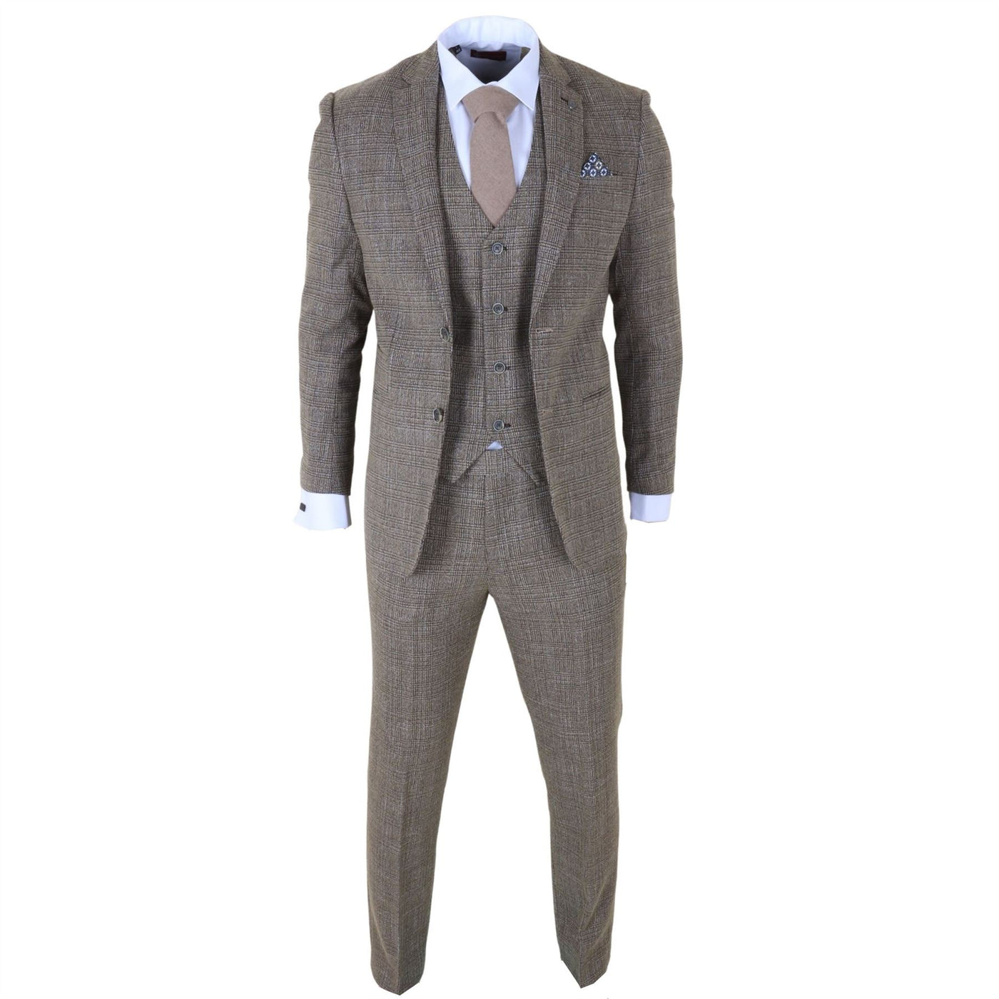 Men's 3-Piece Brown Classic Check Suit Slim Fit Plaid Formal Party Suit