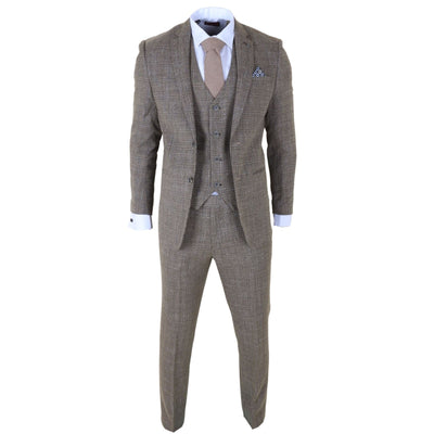 Men's 3-Piece Brown Classic Check Suit Slim Fit Plaid Formal Party Suit