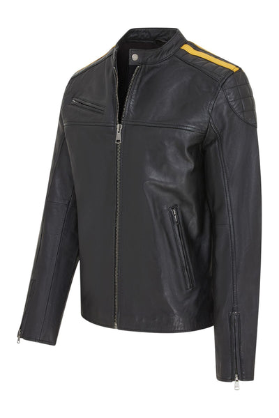 Men's Classic Quilted Black Yellow Leather Biker Jacket - Meridian