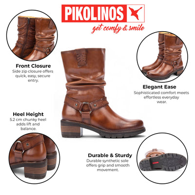 Pikolinos Women's Mid-Calf Cuero Brown Leather Tall Ankle Boots - San Sebastia