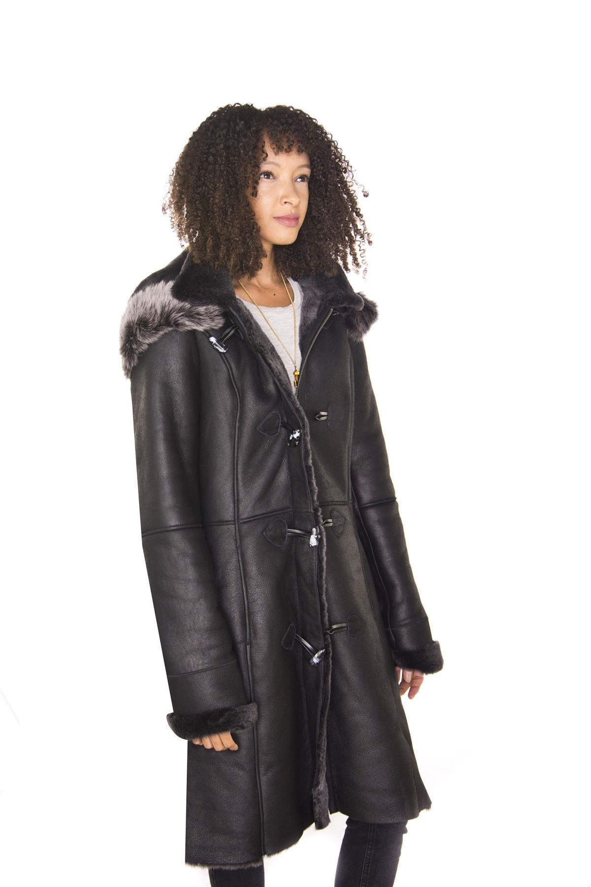 Womens Black Sheepskin Hooded Duffle Coat-Ottawa