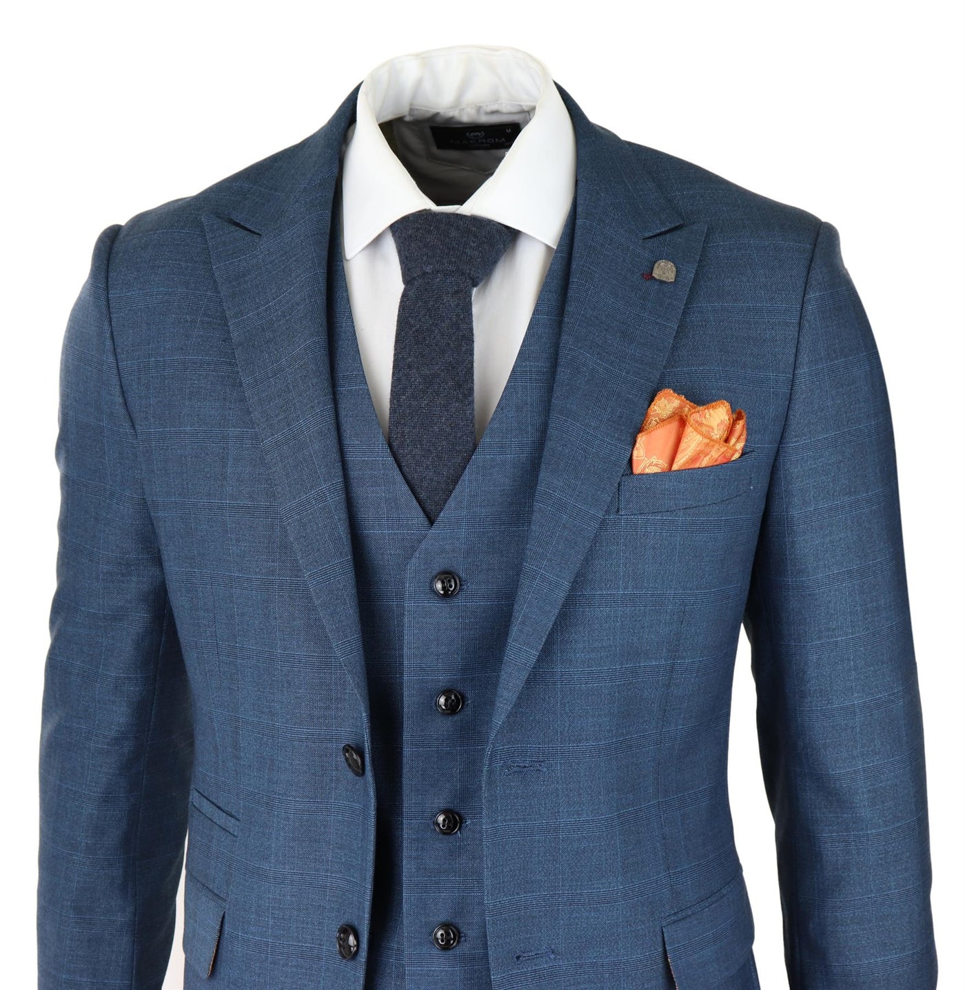 Mens 3 Piece Blue Suit Prince Of Wales Check Classic Light Tailored Fit Modern