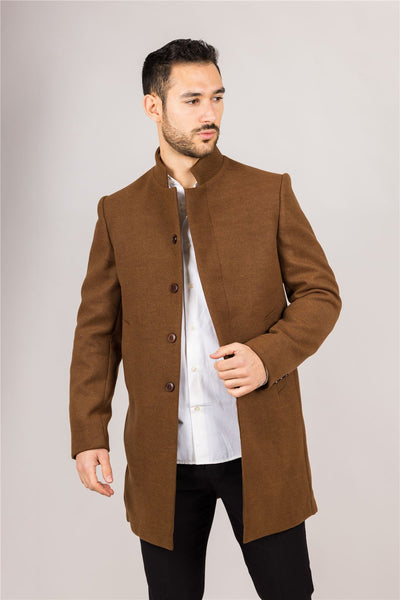 Men's Brown Stand Collar Wool Blend Overcoat