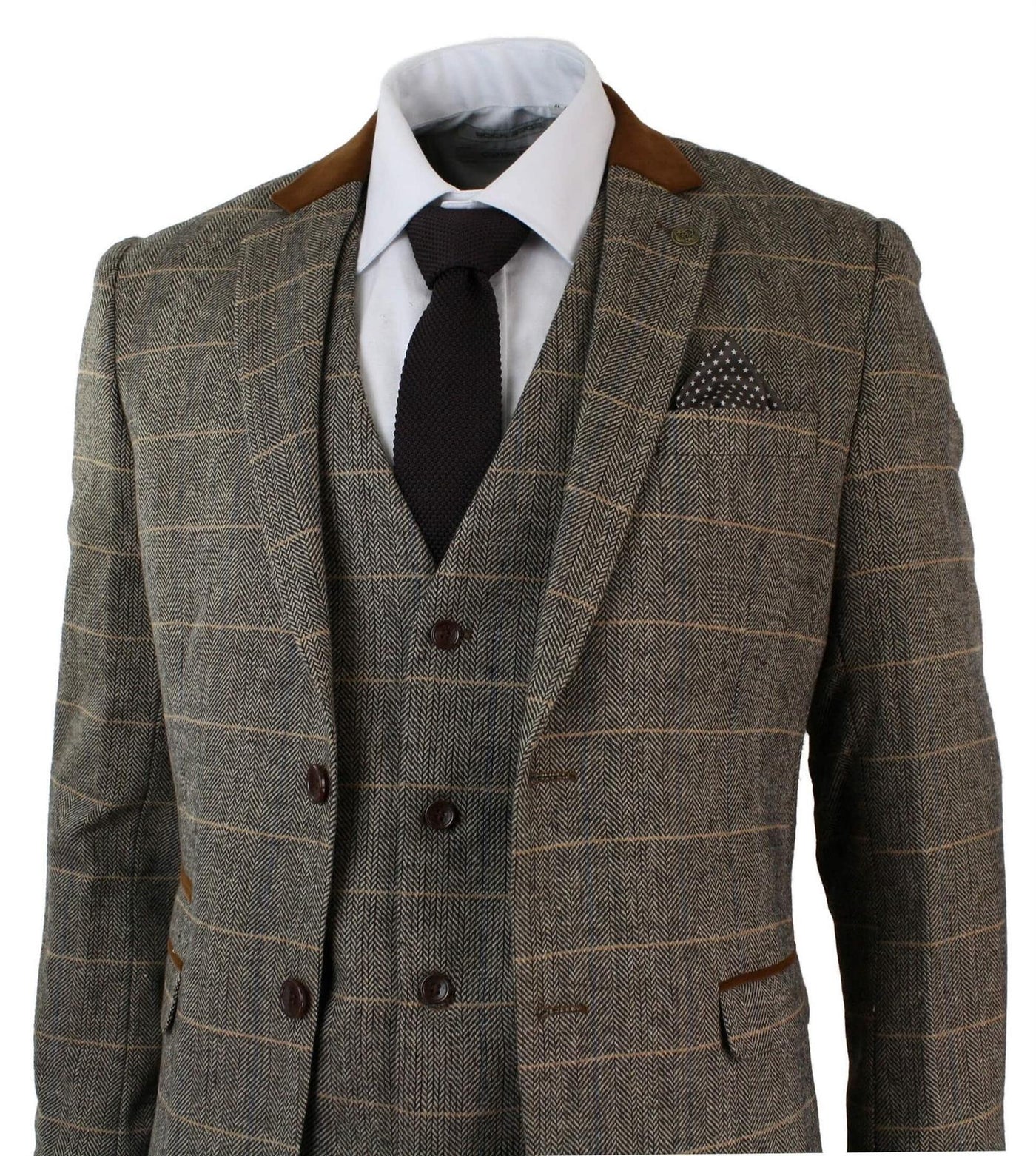 Mens 3 Piece Tan Tweed Check Suit