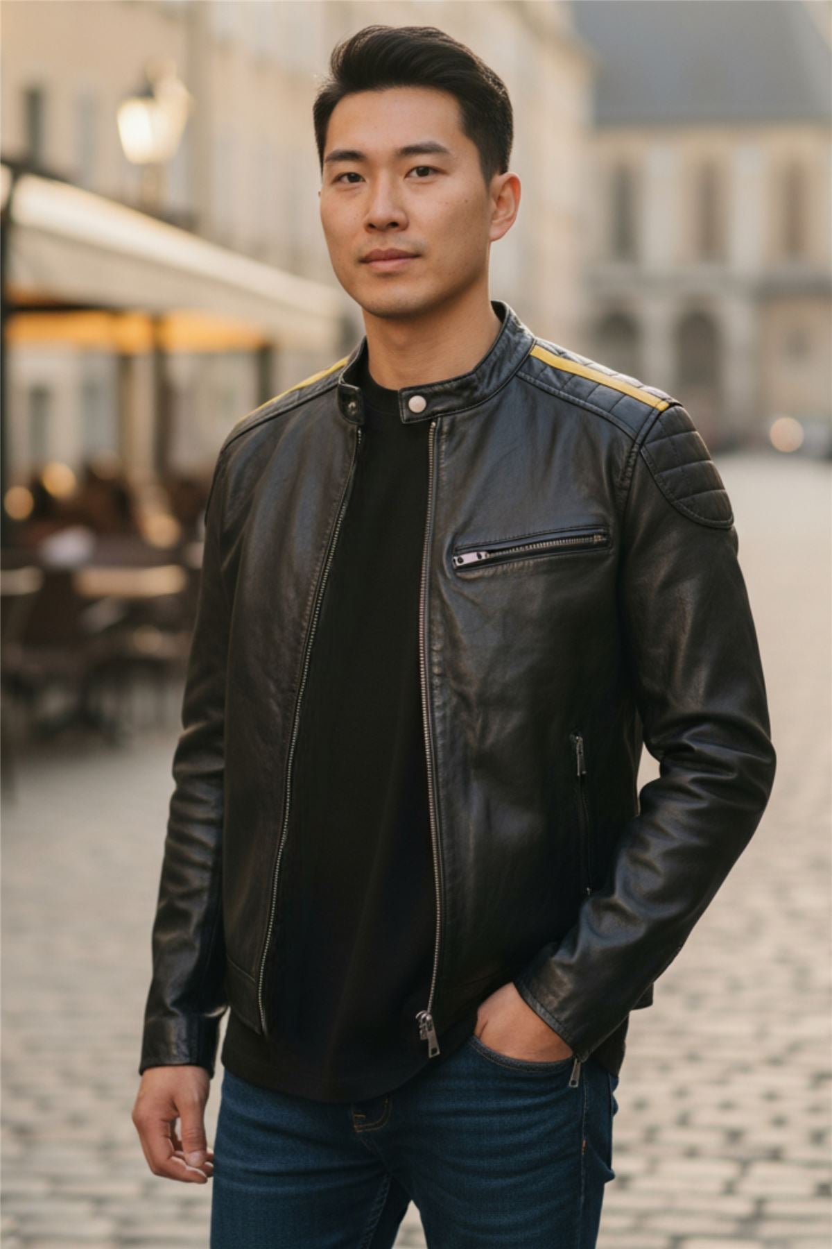 Men's Classic Quilted Black Yellow Leather Biker Jacket - Meridian