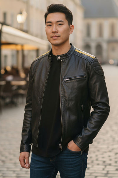 Men's Classic Quilted Black Yellow Leather Biker Jacket - Meridian