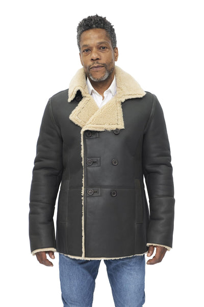 Mens Double Breasted Shearling Sheepskin Pea Coat-Kington