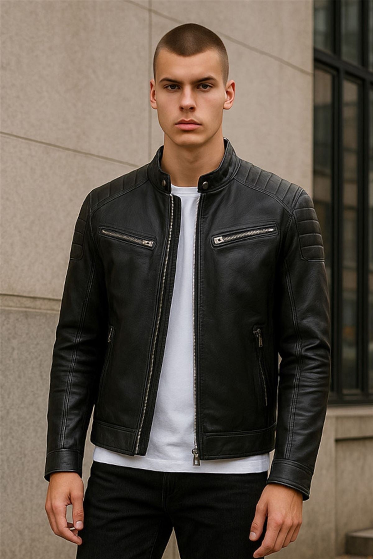 Men's Modern Classic Leather Quilted Biker Jacket - Derry