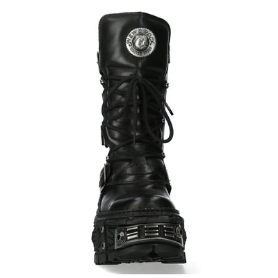 New Rock Black Mid Calf Leather Goth  Boots-WALL1473-S11