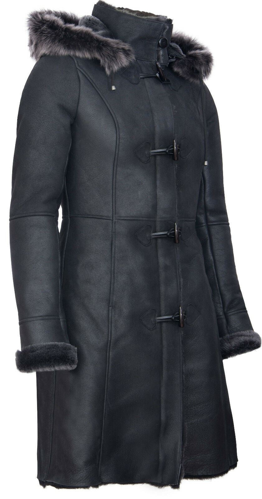 Womens Black Sheepskin Hooded Duffle Coat-Ottawa – Infinity Leather