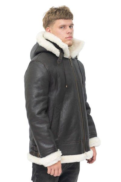 Mens Hooded Sheepskin Leather B3 Flying Jacket-Harwich