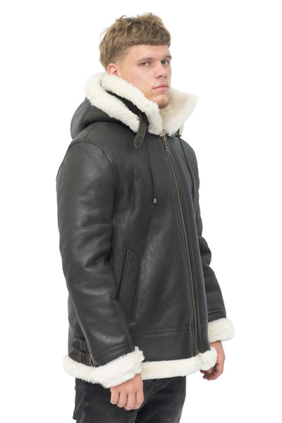 Mens Hooded Sheepskin Leather B3 Flying Jacket-Columbus