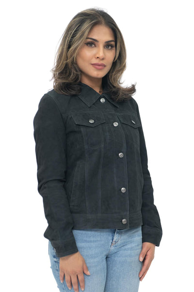 Womens Goat Suede Trucker Jeans Jacket-Astoria