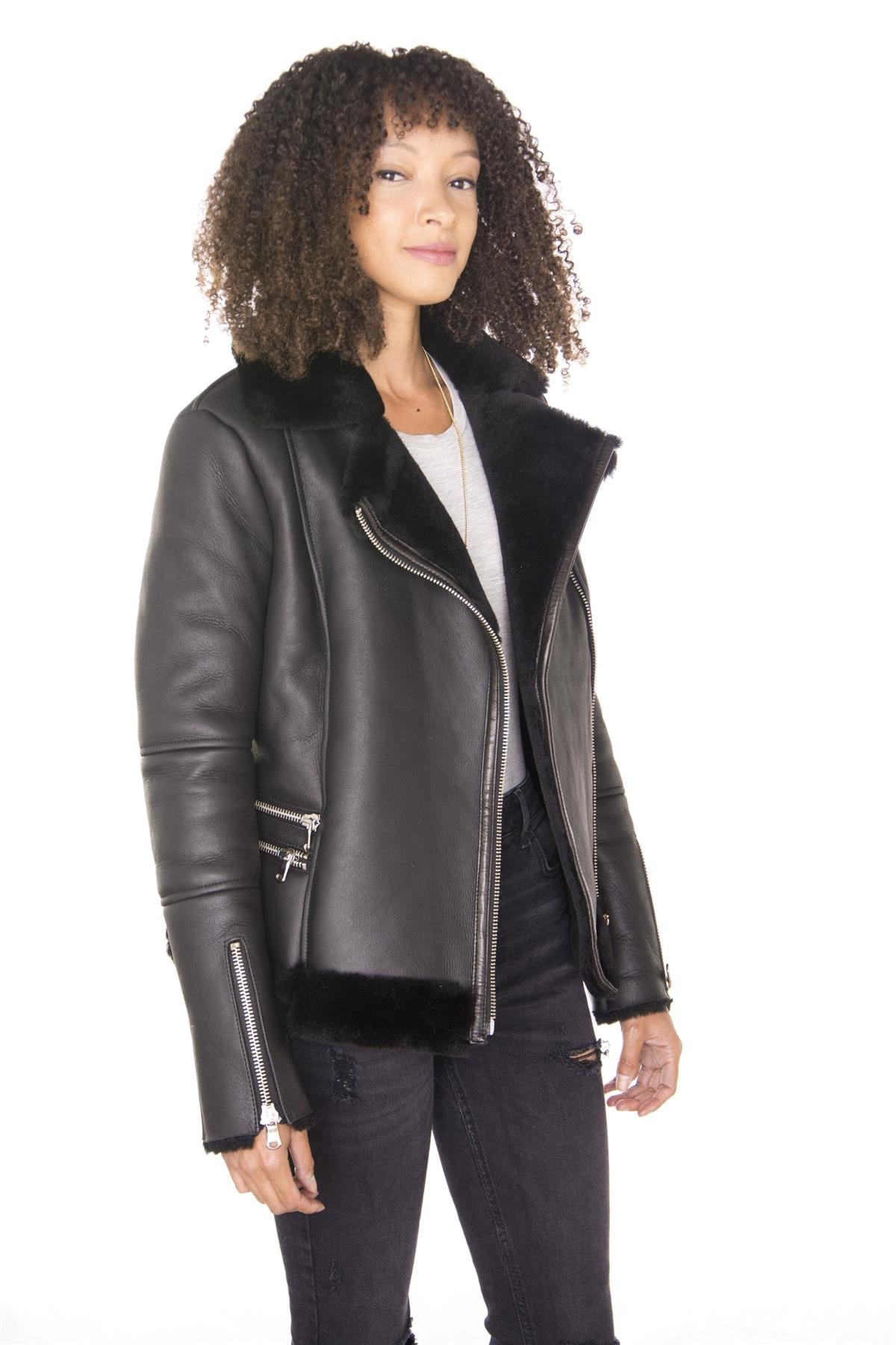 Womens Black Shearling Sheepskin Aviator Jacket-Patchway