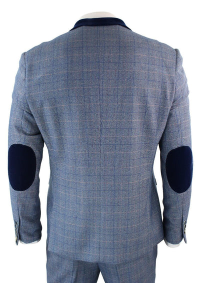 Mens 3 Piece Blue Grey Herringbone Check Suit