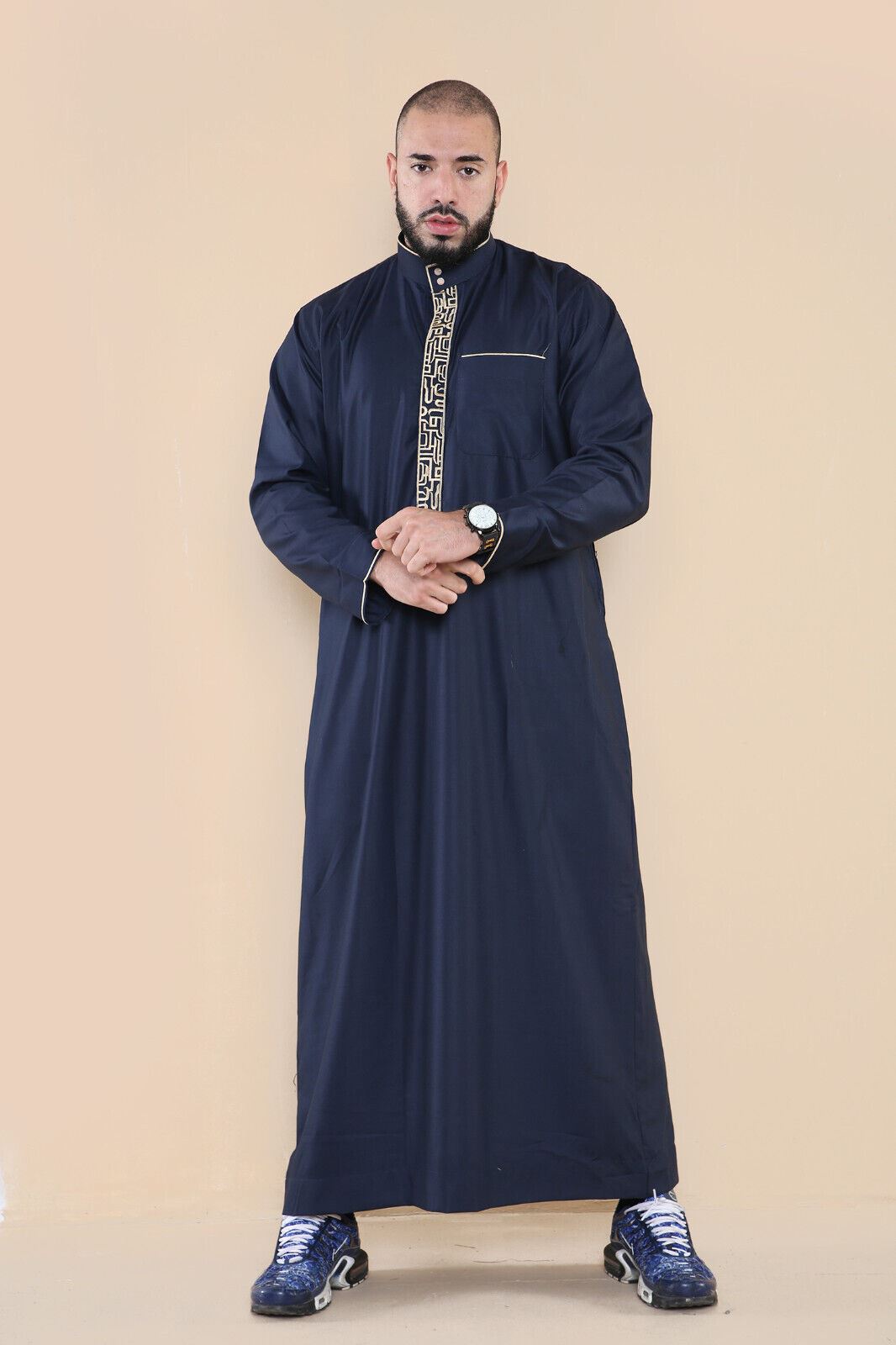 Mens Thobe Jubba Emirati Islamic Arabic Eid Embroidery Kaftan Jubbah Robe