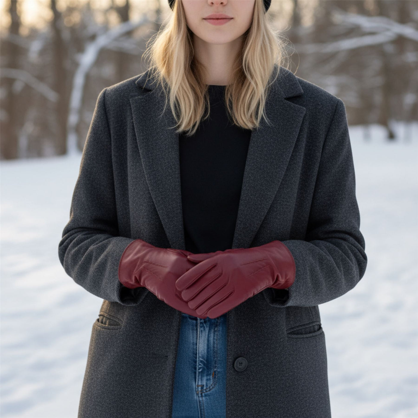 Womens Italian Leather Winter Stitch Line Design Soft Wool Lining Gloves - L-GLV-301