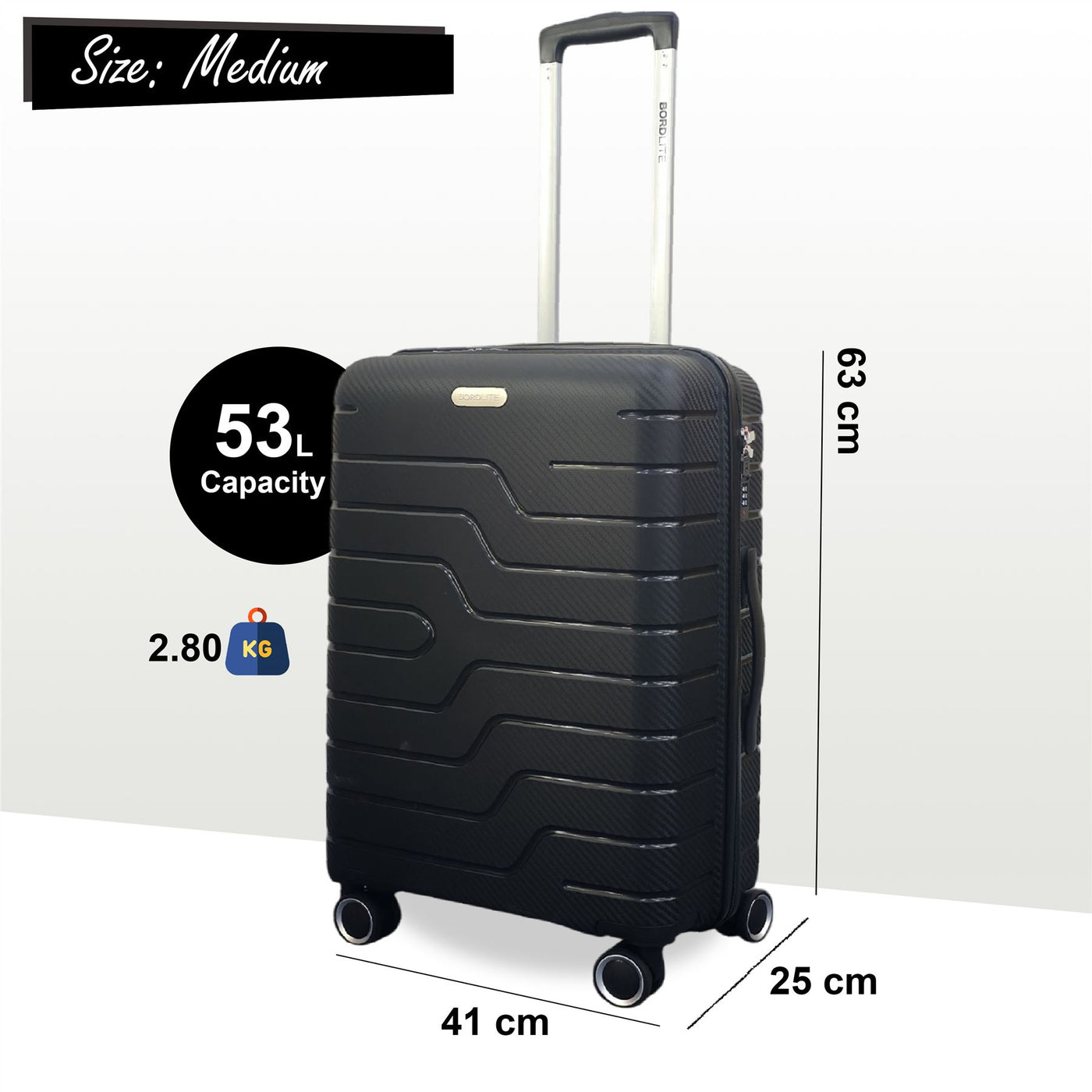 Hard Shell Black PP Dual 4 Wheels Luggage Travel Cabin Holiday Suitcase Set