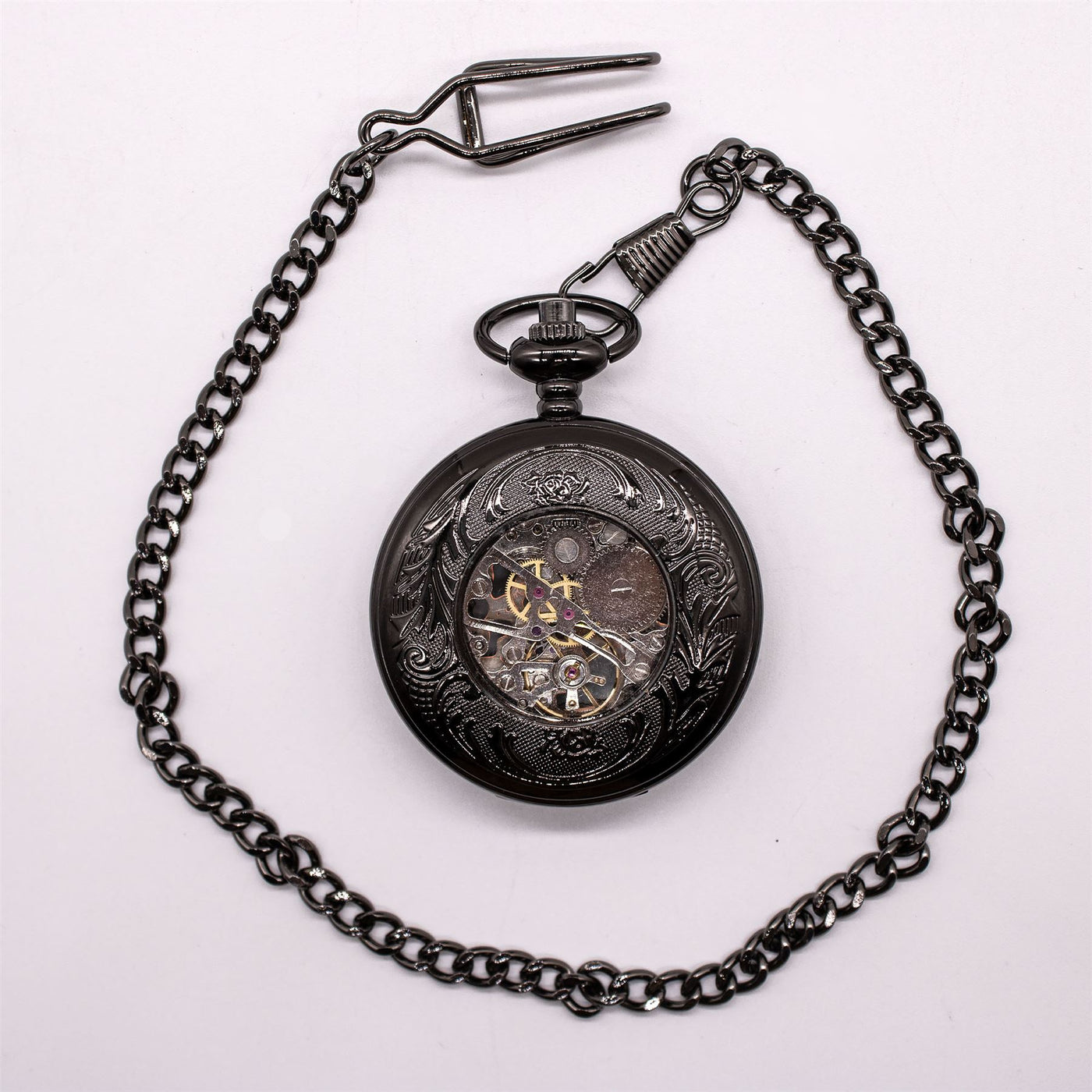 Vinatage Black Mechanical Alloy Skeleton Half Hunter Pocket Watch