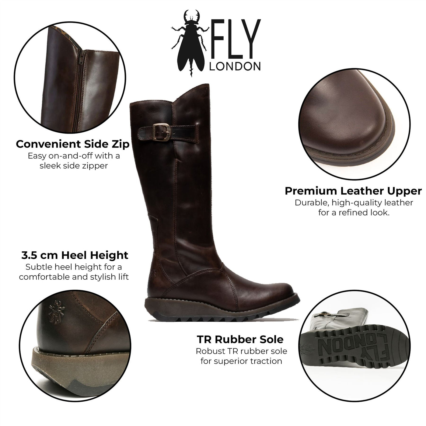 Fly London Damen MOL 2 Kniehohe Stiefel aus Leder mit Keilabsatz und Reißverschluss, Braun