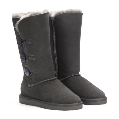 Women's Sheepskin Suede Grey Button Warm Winter Calf Boots - Willow