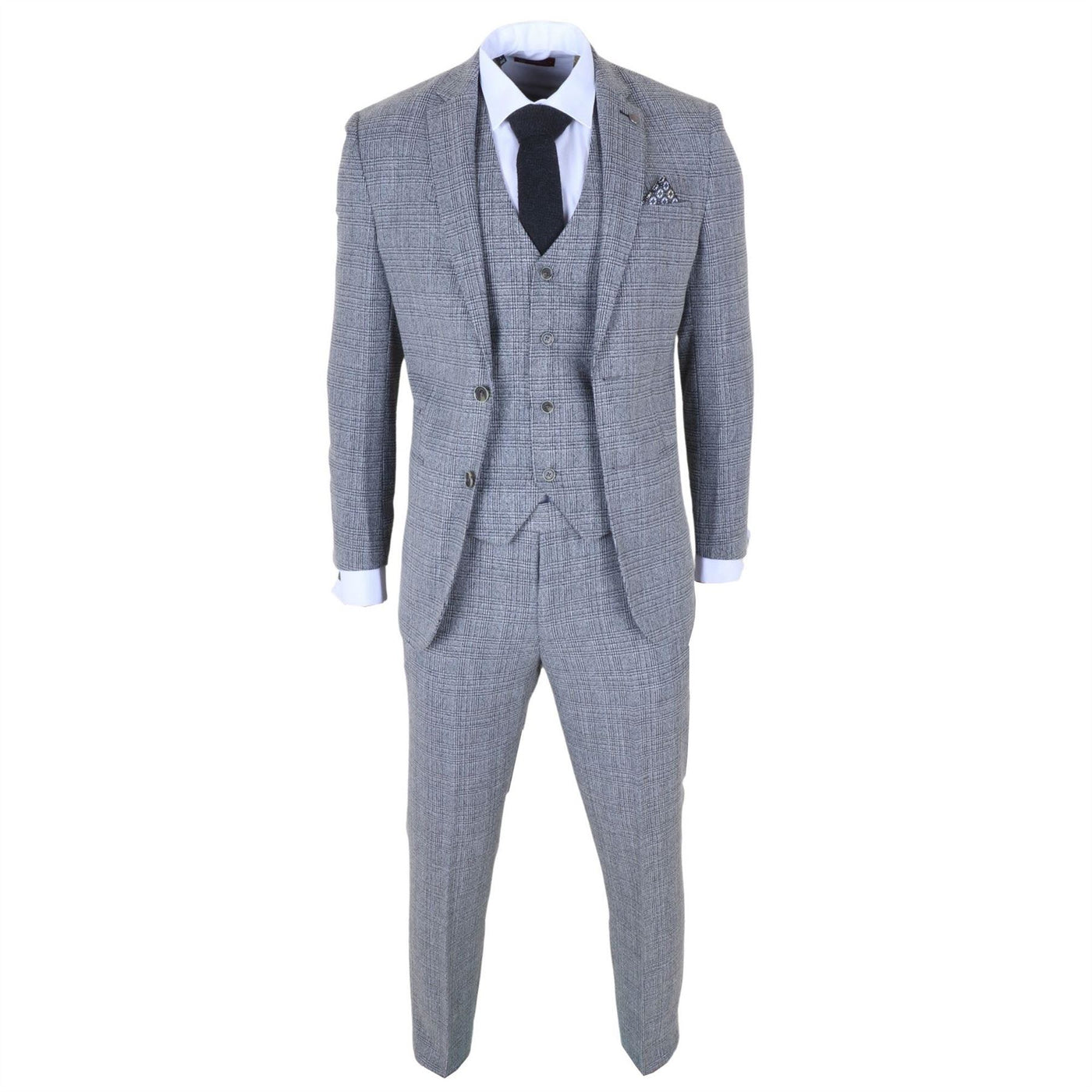Men's 3-Piece Grey Classic Check Suit Slim Fit Plaid Formal Party Suit
