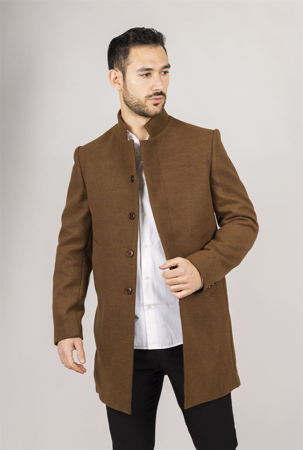 Men's Brown Stand Collar Wool Blend Overcoat