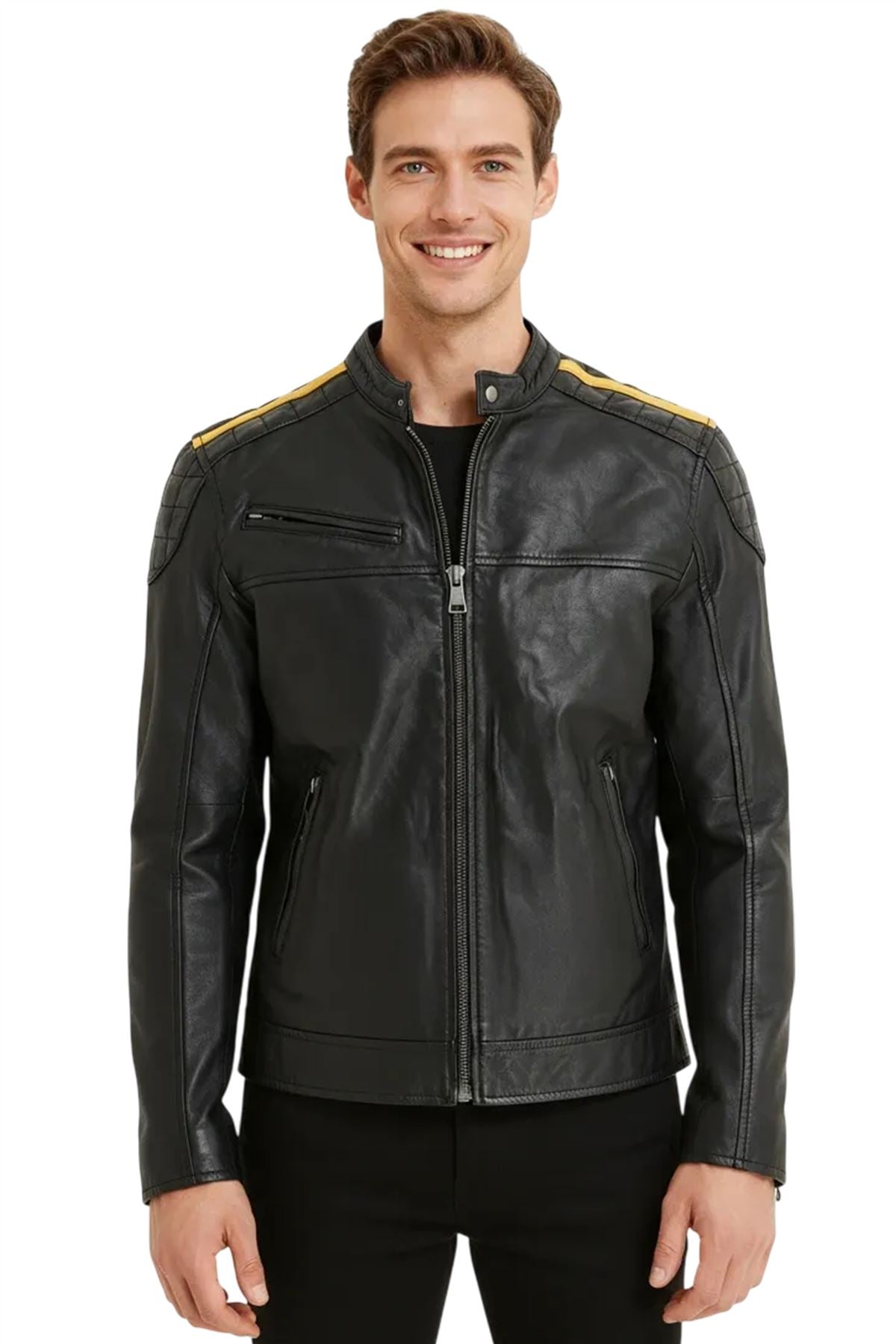 Men's Classic Quilted Black Yellow Leather Biker Jacket - Meridian