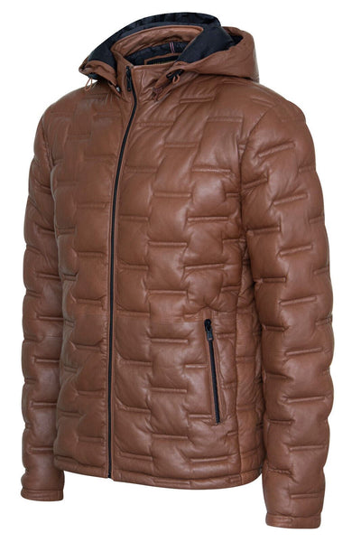 Men's Hooded Puffer Quilted Bomber Leather Jacket - Belém