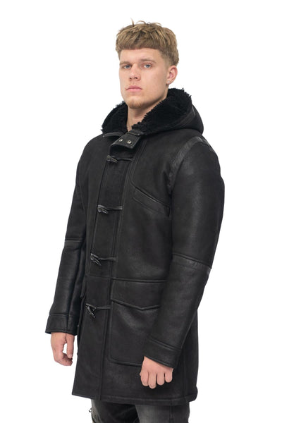 Mens Winter Sheepskin Leather Hooded Duffle Coat-Langport