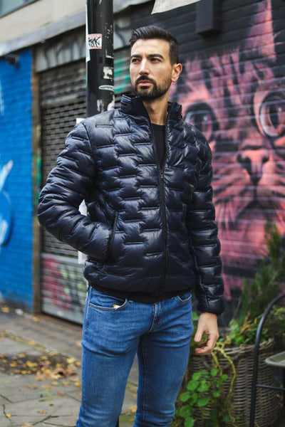 Men's Puffer Quilted Bomber Leather Jacket - Recife