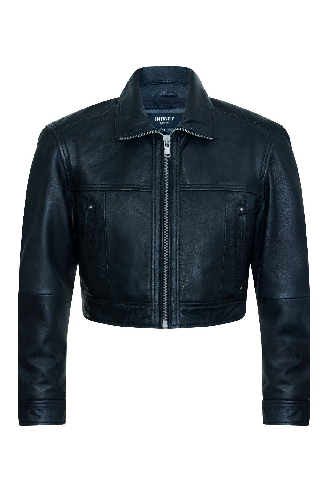 Womens Black Cropped Biker Leather Jacket - Dubai